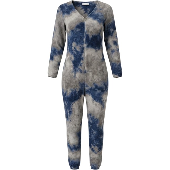 NATURAL LIFE Pants - Natural Life Fleece Jumpsuit Blue Grey Womens M Tie Dye Zip Front Loungewear